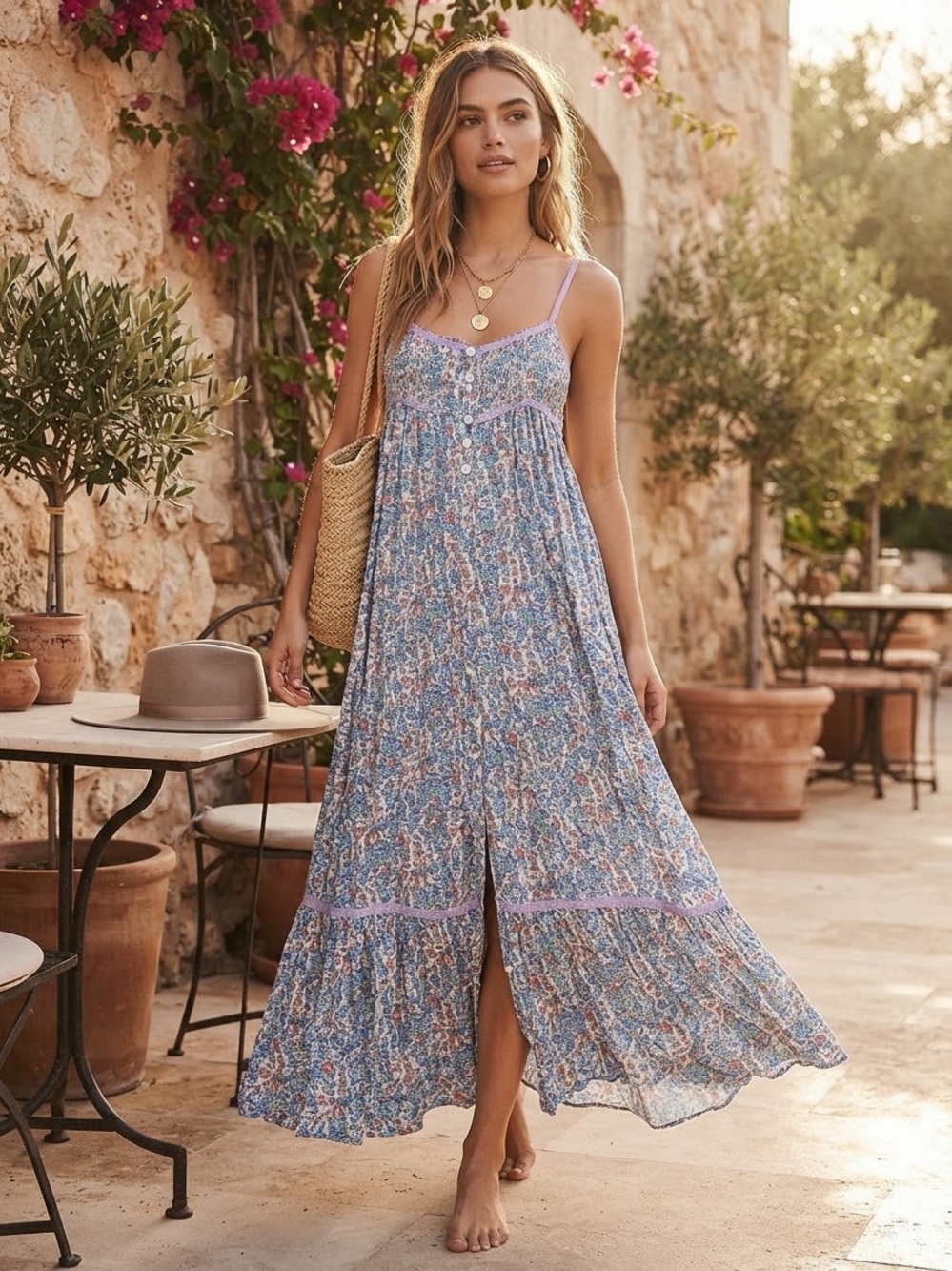Free People Blue Floral Smocked Button-Front Maxi Dress Size XS